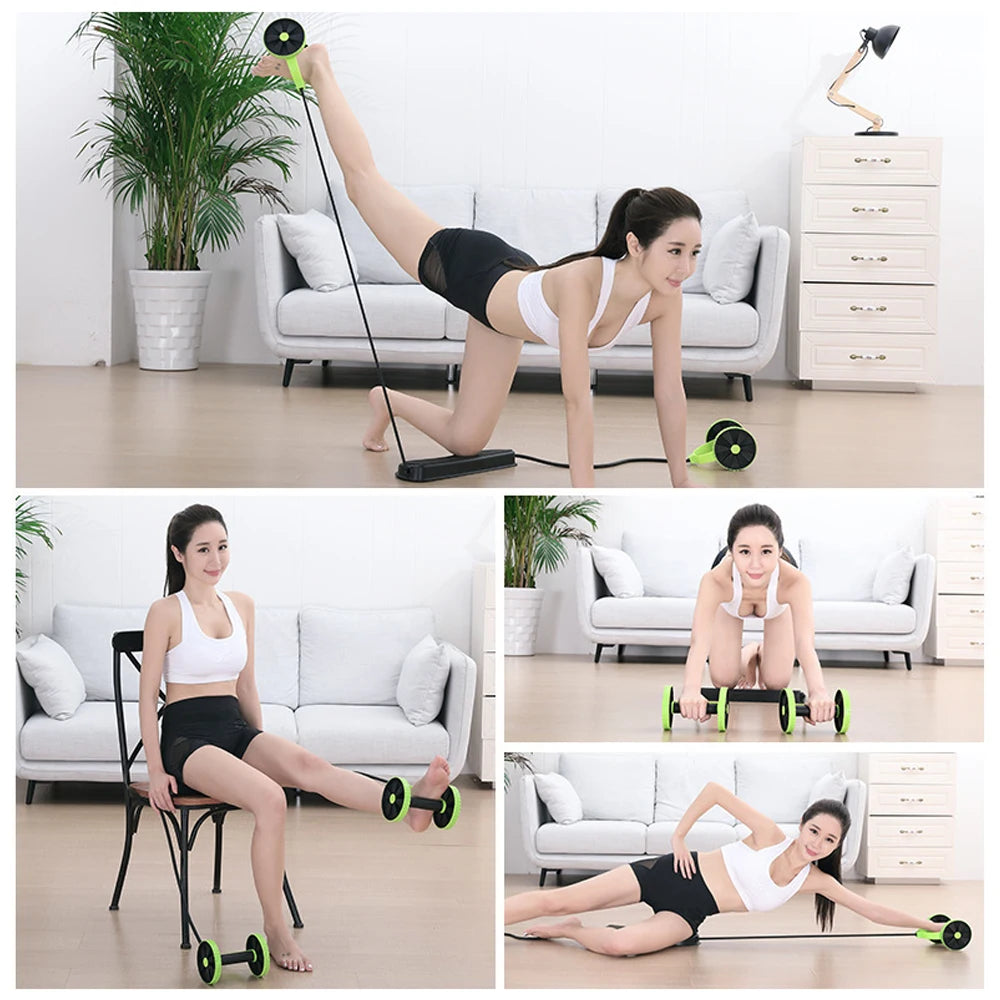 Equipo de ejercicio abdominal multifuncional Rueda para abdominales Rodillo doble con bandas de resistencia Esterilla para rodillas Tren para adelgazar la cintura Gimnasio en casa