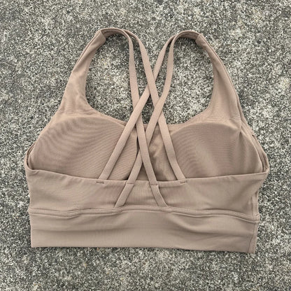 Reggiseno sportivo da palestra morbido con incrocio sulla schiena, da donna, tinta unita, con imbottitura per il petto, completo